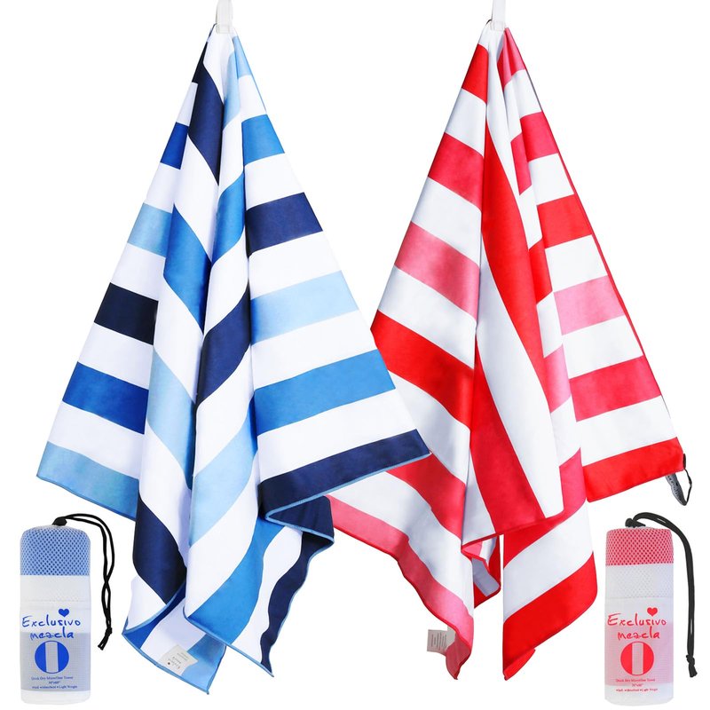 Exclusivo Mezcla 2 Pack Microfiber Quick Dry Beach Towels, Large Lightweight Sandfree Pool Towels for Swimming Camping Travel with Bag (Blue and Red, 30x60 Inches)