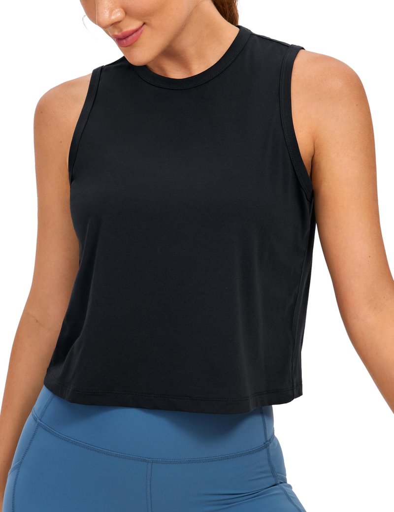 CRZ YOGA Pima Cotton High Neck Cropped Tank Tops for Women Soft Crop Workout Athletic Yoga Basic Sleeveless Shirts Black X-Small