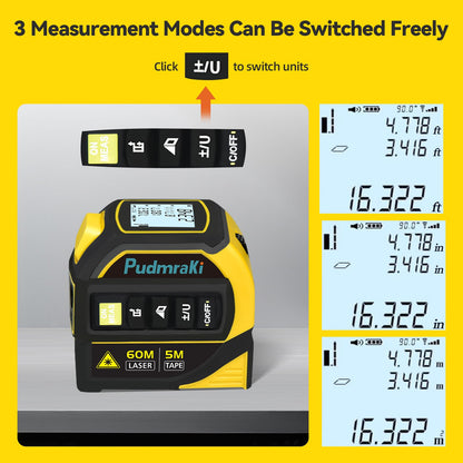 PudmraKi 4-in-1 Laser Tape Measure 196.85Ft Laser Ranging 16.4ft Digital Tape Measure Area, Volume Measurement, Pythagorean Mode, Waterproof and Rechargeable