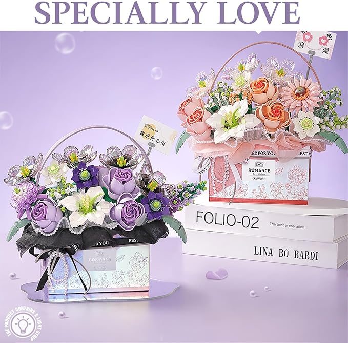 MEIEST Flower Bouquet Building Blocks Model SetSimulation Artificial Rose Handheld Gift BoxBonsai Plant Building Bricks ToysHome Decor (Mist Purple)