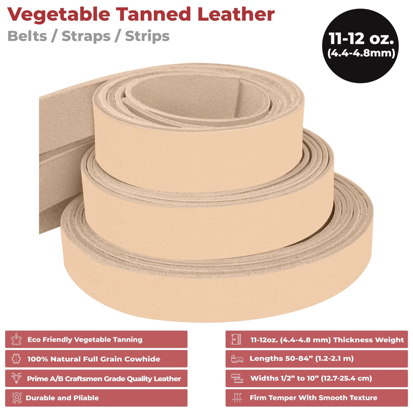 European Leather Works 11-12 oz. (4-4.8mm) Vegetable Tanned Leather Belt Blanks/Straps Size: 1-1/4"x60" (3.2x152.4cm) Full Grain Cowhide Tooling, Crafting, Knife Sheath, Furniture