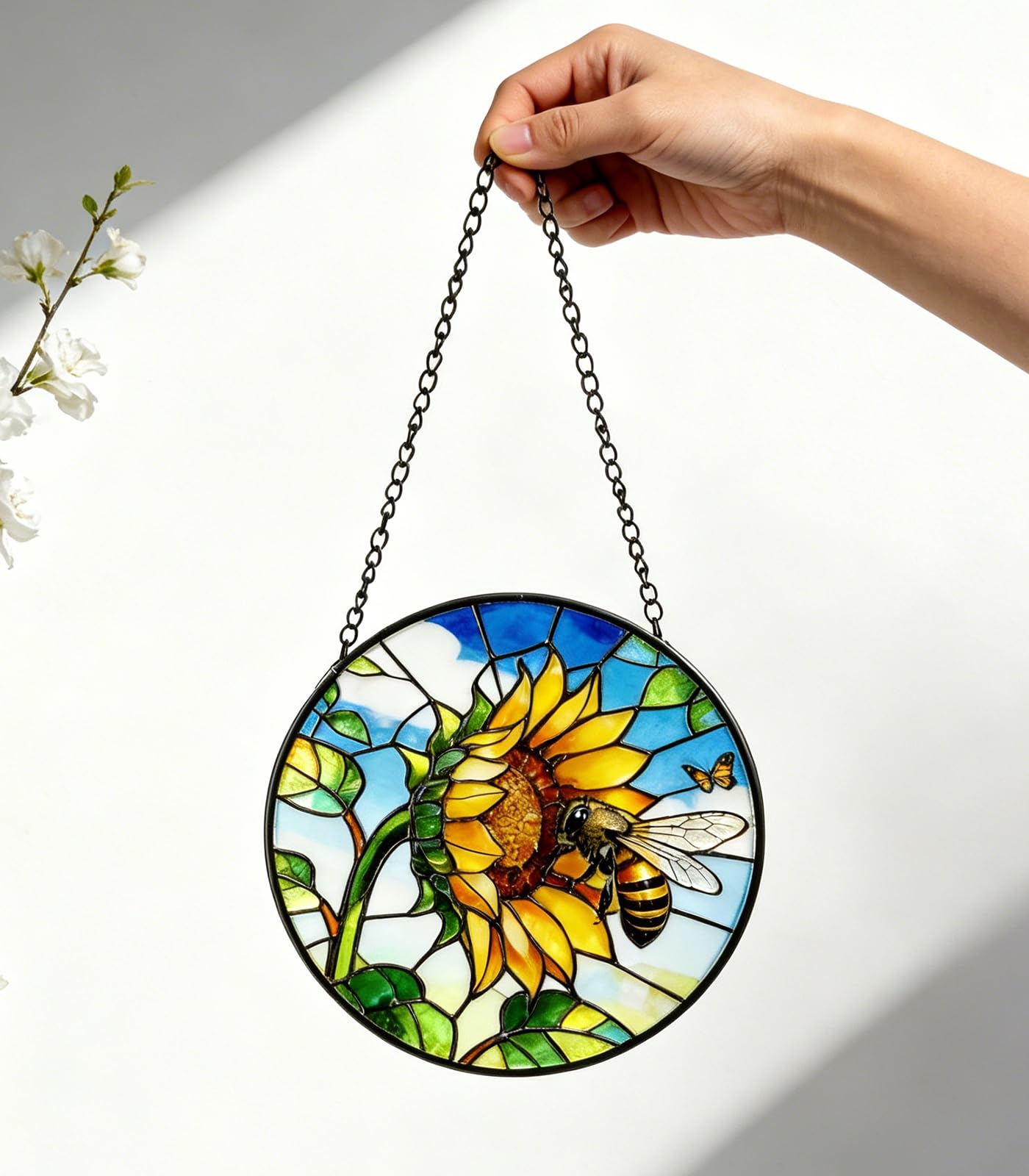 NGOKPYD Stained Glass Window Hanging Sun Catcher Garden Decor Sunflower Flower and Bees on a Branch for Window Doors Home Decoration and Christmas, Mother's Day Birthday Gifts for Women Men Mom 7.8 in