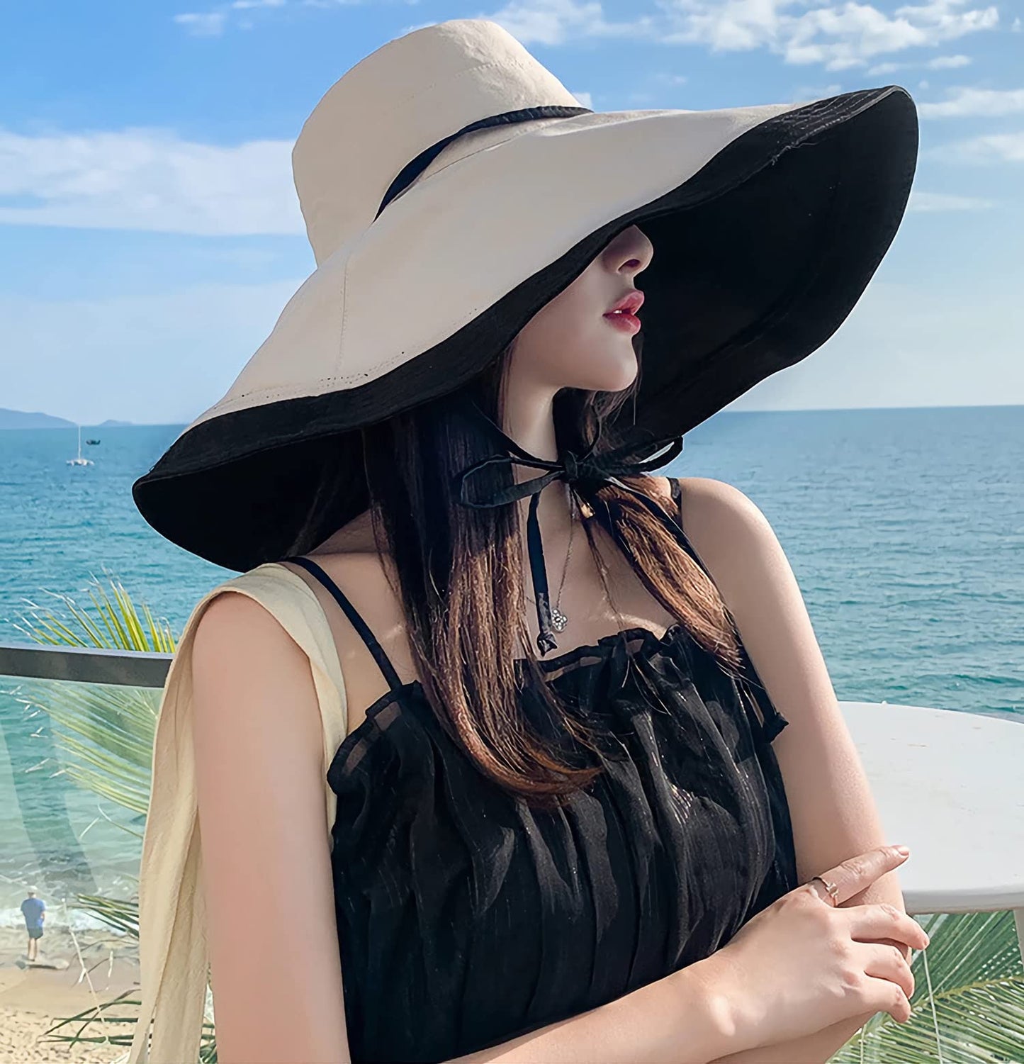 HUAMULAN 7" Wide Brim Women Summer Sun Floppy Hat Beach Bucket Fishing Hats Reversible Foldable Travel UV Protection Blackbeige