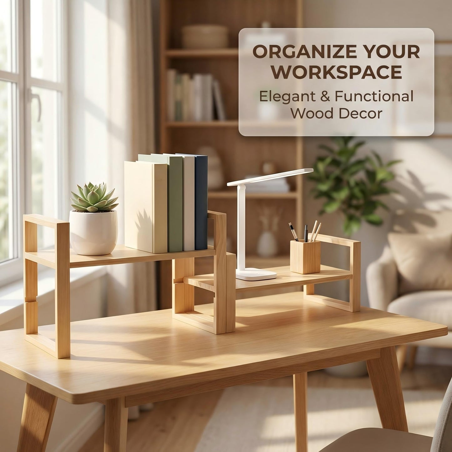 Desk Shelf, 100% Solid Wood Adjustable Desktop Bookshelf, No Tools or Nails Required Retro Tabletop Bookshelf, 130lb Load Capacity for Living Room, Office, for Books, Cookbooks,Nature Pine Color