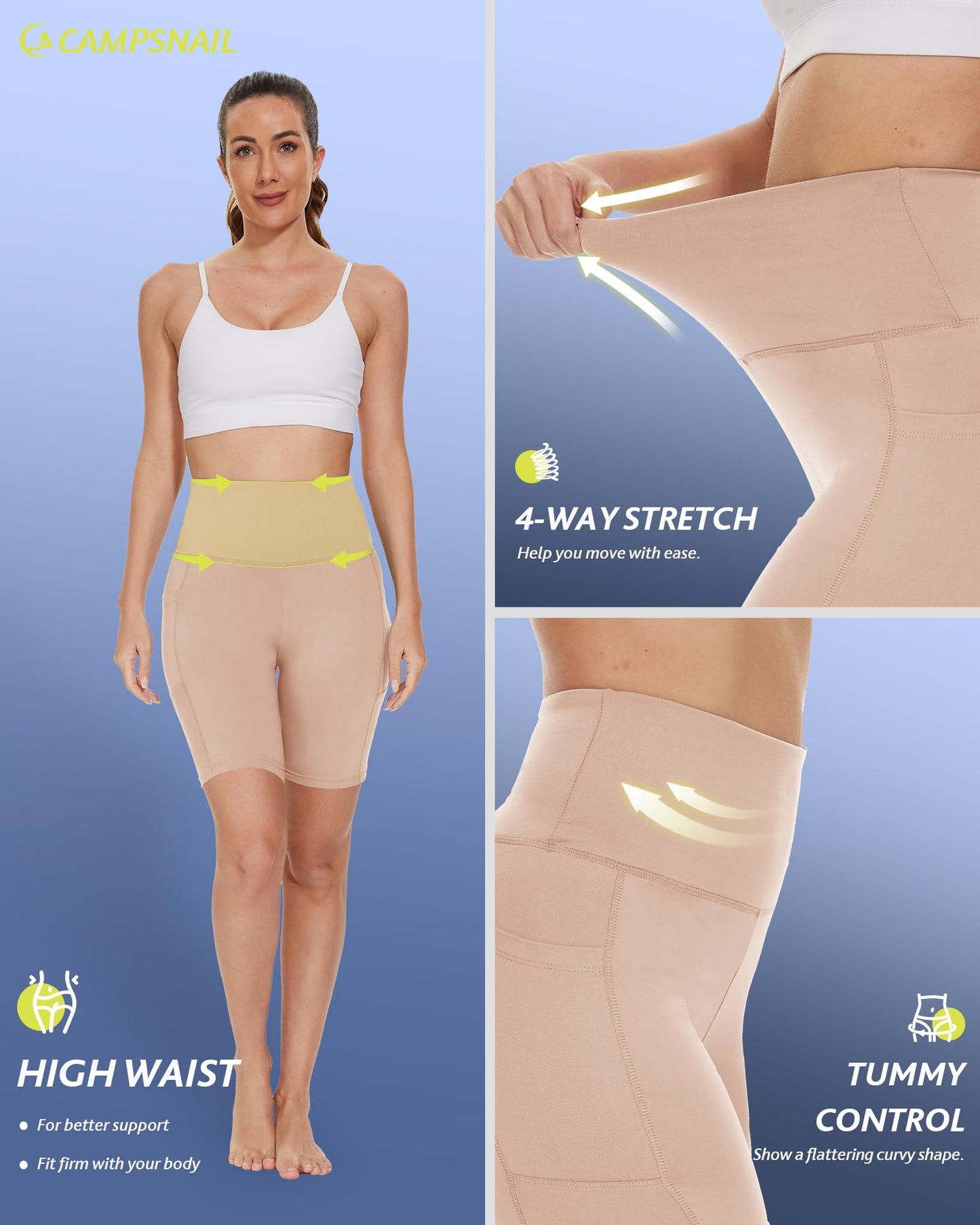 CAMPSNAIL Biker Shorts Women with Pockets - 3"/5"/8" High Waisted Workout Spandex Tummy Control Gym Running Yoga Shorts Nude
