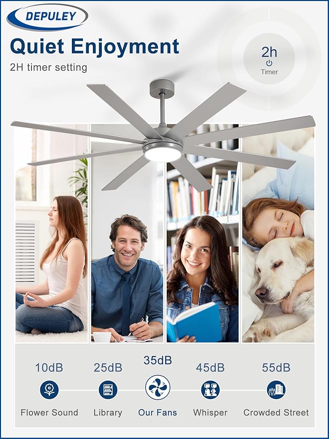 Depuley 66" Ceiling Fans with Lights: Large Indoor/Outdoor Ceiling Fan for Patios Living Room - 8 Blades Silver Dimmable Ceiling Fans with Remote APP Control Timer Reversible Quiet DC Motor 6 Speeds