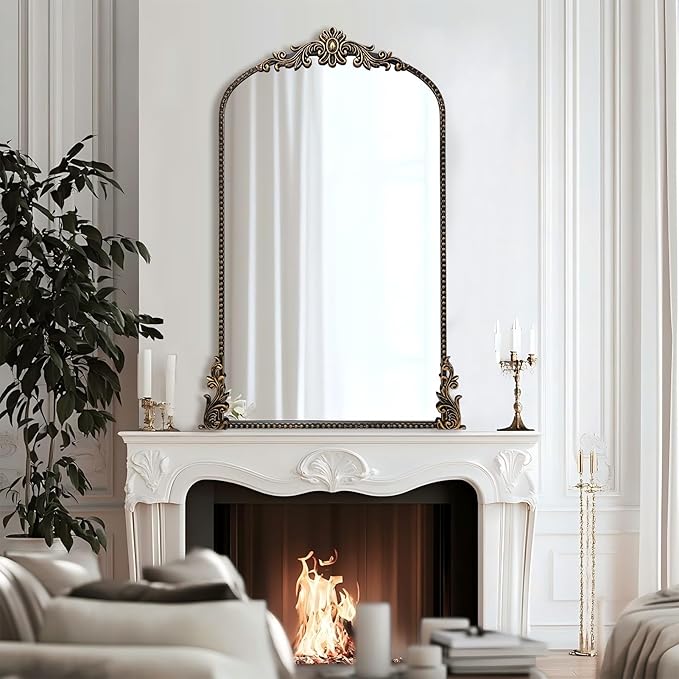 Growsun Vintage Black Arched Mirror, 24’’x42’’ Antique Baroque Ornate Wall Mirror Decor with Full Metal Frame for Fireplace/Entryway/Living Room/Bathroom