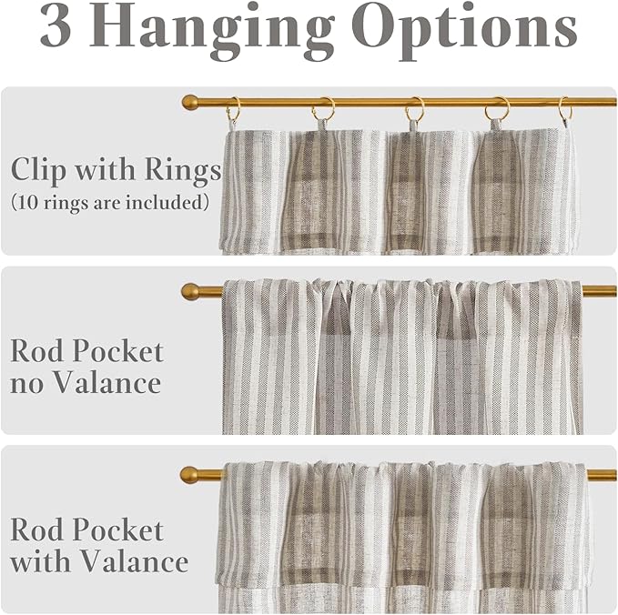 jinchan Striped Linen Kitchen Curtains with Attached Valance 24 Inch Length Cafe Tier Curtains for Living Room Rustic Half Window Light Filtering Rod Pocket Small Drapes 2 Panels Taupe Grey