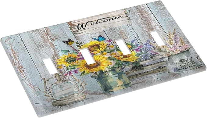 Sunflower Vintage Barn Wooden 4 Gang Decorative light switch plate Cover Sun floral Quad Toggle Wall Plate Covers Switchplate Electrical Faceplate Farmhouse Home Livingroom Decor