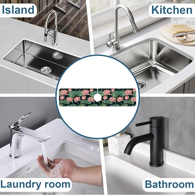 Lotus Pond Pattern Kitchen Sink Splash Guard Faucet Mat Lotus Flowers Leaves