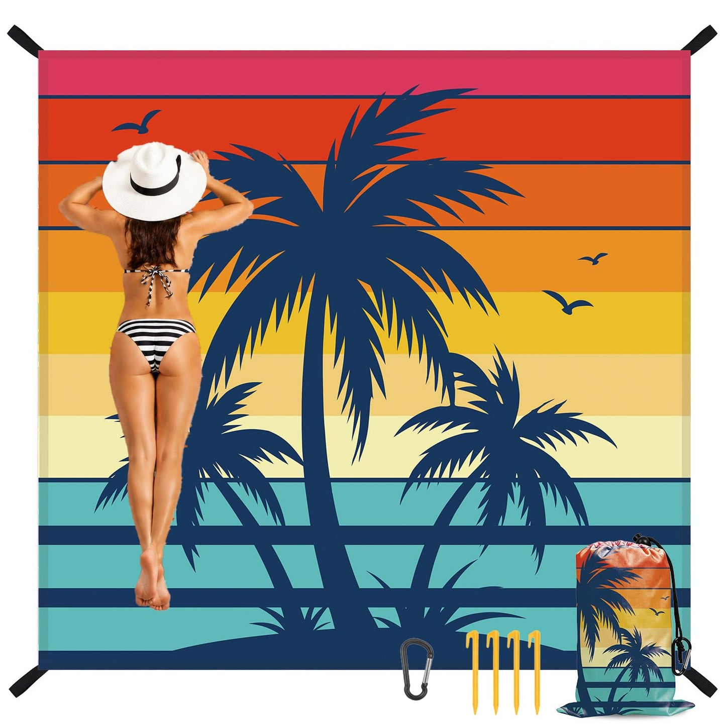 InIsaJace Beach Blanket Waterproof Sandproof, Sunset Beach Mat Sand Free with Anchors Stakes Carabiner and Bag, Coconut Trees Camping Tarp for Outdoor Picnic Travel Camping Hiking 79”x 83”