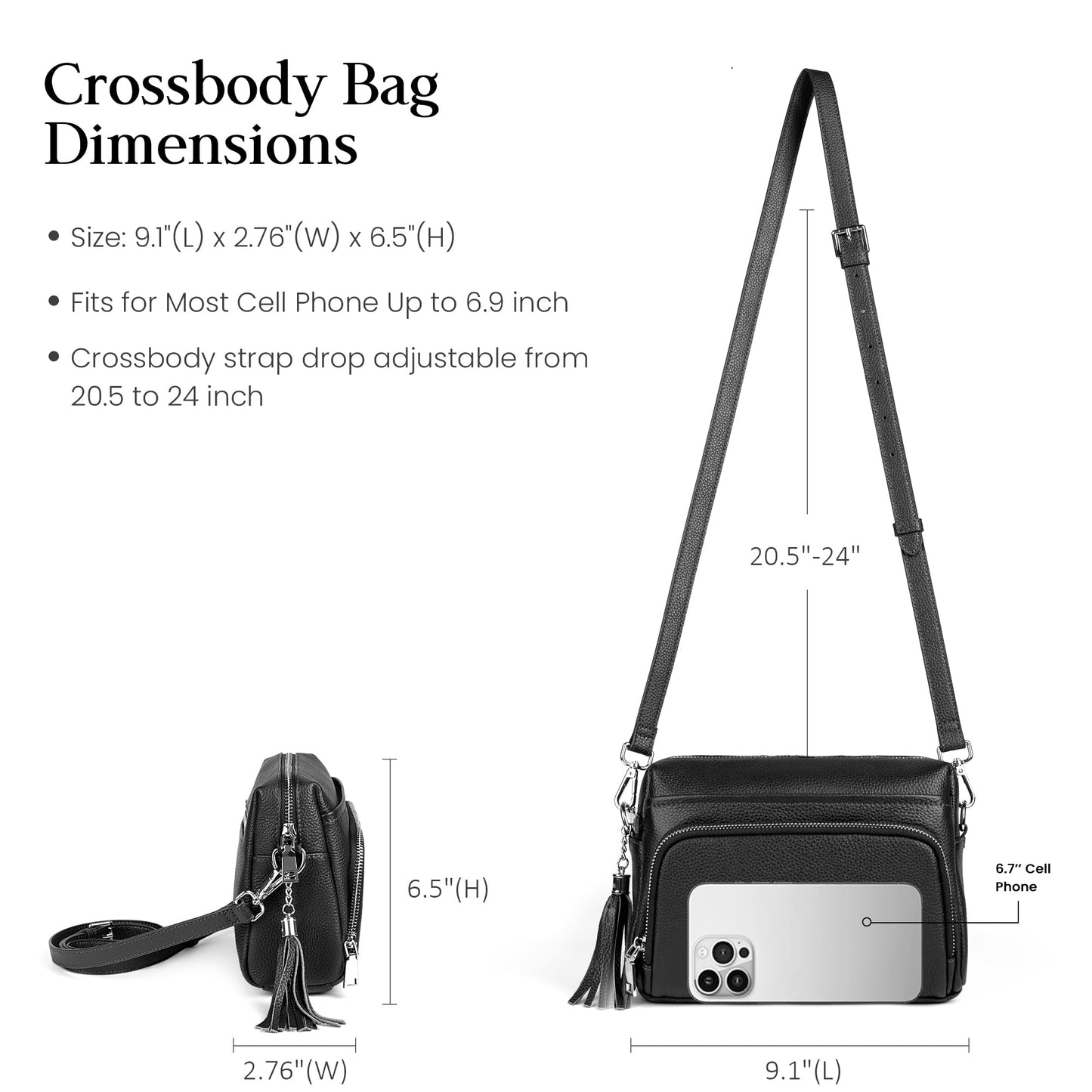 befen Black Genuine Leather Crossbody Bags for Women, Woman Anti-Theft Cross Body Shoulder Purse with Built in RFID Wallet
