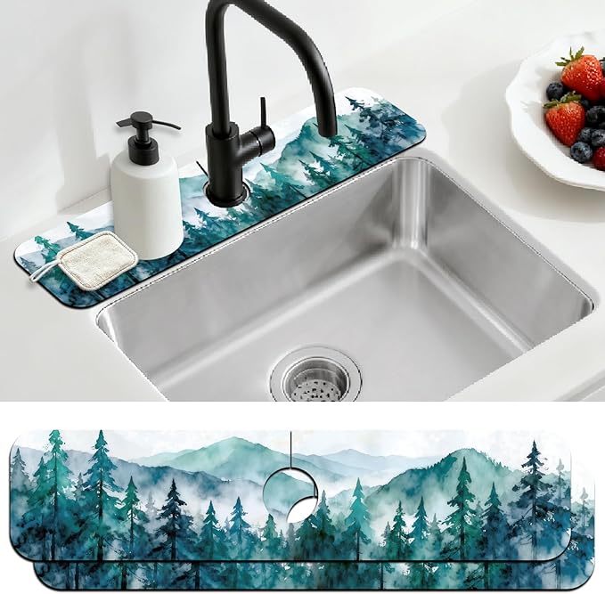 2 Pcs Kitchen Sink Splash Guard Faucet Mats Watercolor Forest Pattern Faucet Mat