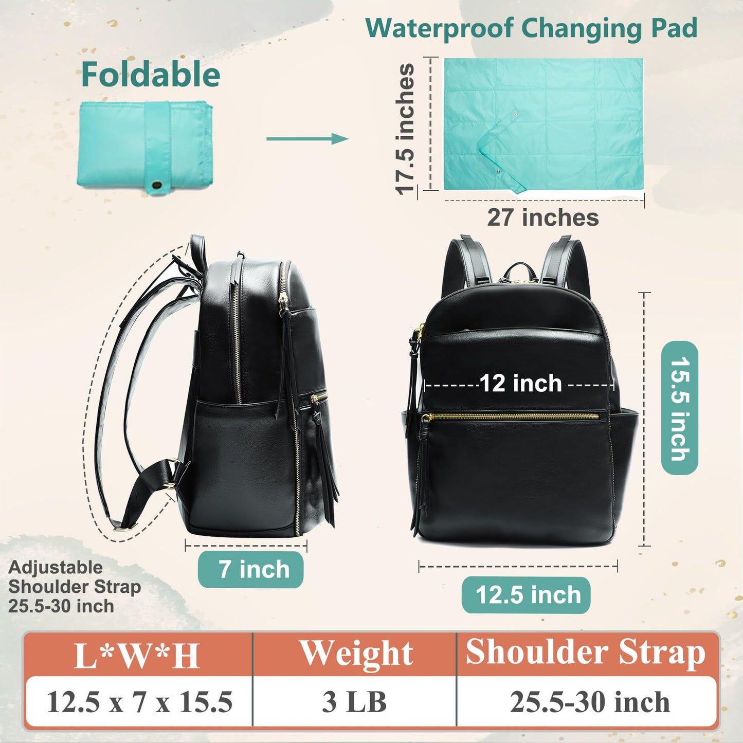 MOMINSIDE Diaper Bag Backpack Leather Diaper Bag with 6 Insulated Pockets, Baby Bag for Mom Dad, Baby Registry, Changing Pad, Stroller Straps,Diaper Backpack Diaper Bag Leather (Black)