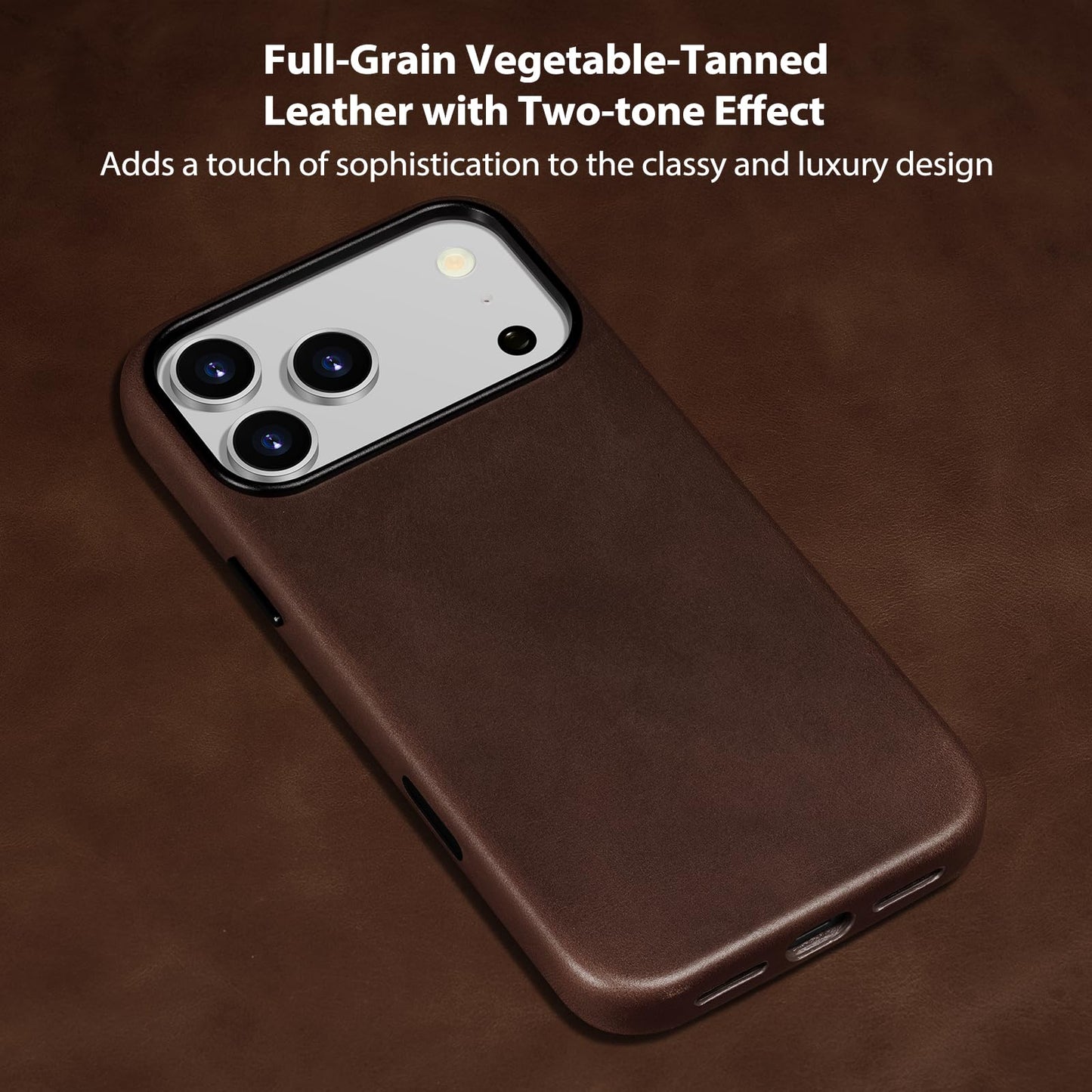 Belemay Handcrafted Full-Grain Vegetable-Tanned Leather Case for iPhone 17 Pro, Compatible with MagSafe, Two-Tone Effect, Natural Patina, Camera Control Button, Metal Buttons (6.3") Bourbon Brown