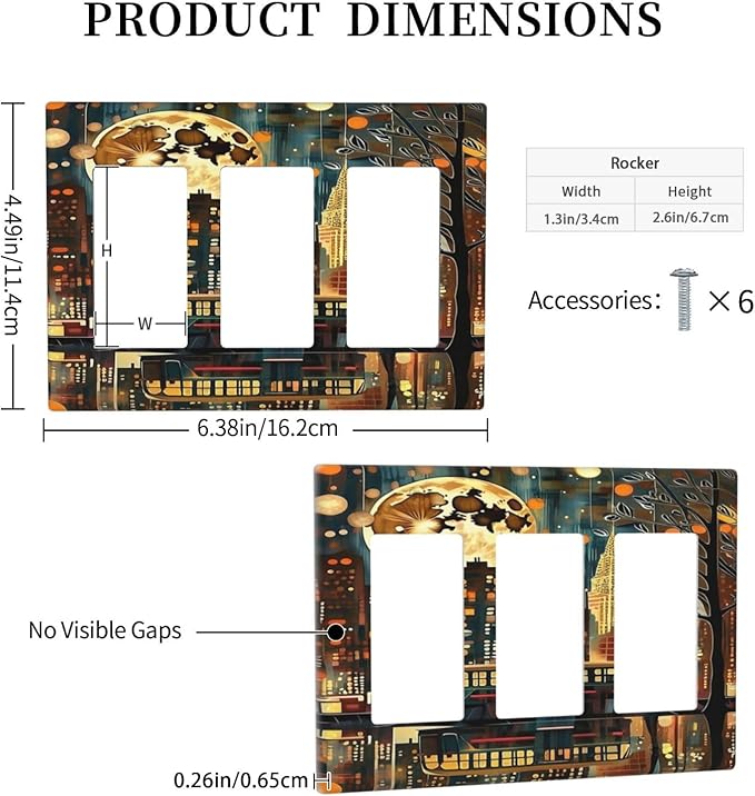 City Light Moon Bus Abstract Art 3 Gang Rocker Triple Outlet Wall Plate Decorative Switchplate Cover Faceplate GFCI Light Switch Covers for Farmhouse Living Decor