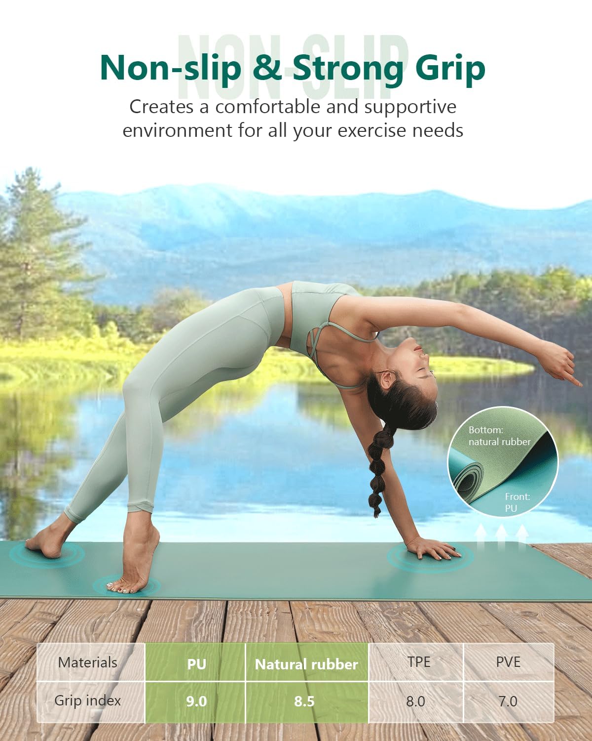 KEEP Rubber Yoga Mat - Professional Sweat Absorbent PU & Natural Rubber. Non Slip Workout Mats for Women & Men, 5mm Thick, 72"x26" Extra Long Wide Pad for Hot Yoga, Pilates, HIIT, Home Gym - Strap Included,Green