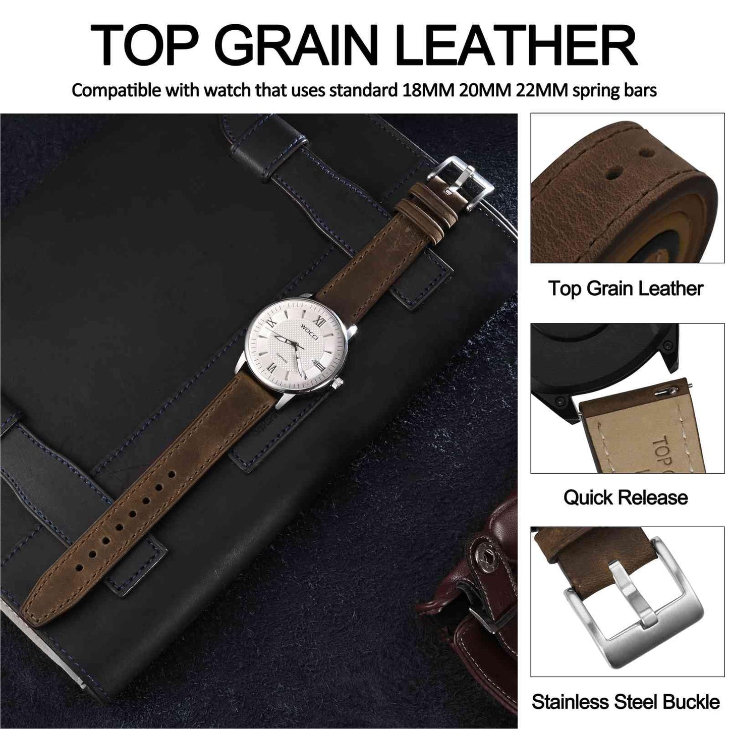 WOCCI 20mm Elite Watch Band, Top Grain Leather, Quick Release, Silver Buckle (Dark Brown)
