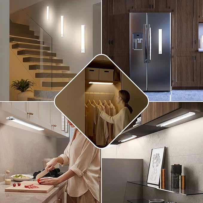 Brightever Under Cabinet Lights, 14-Inch Rechargeable Battery Operated Motion Sensor Lights Indoor, 3200mAh Wireless Magnetic Dimmable Under Closet Counter Night Lights for Kitchen Stair, 3 Packs
