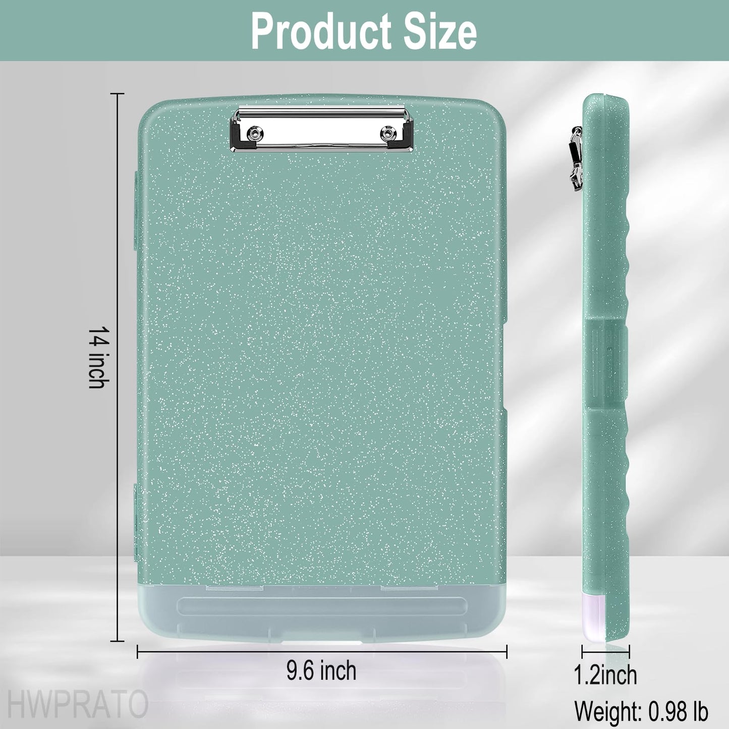 HWPRATO Glitter Clipboard with Storage, Clip Boards 8.5x11 with Pen Holder, Binder Clipboards with Low Profile Clip Heavy Duty Plastic Nursing Clipboard Folder Side Opening (Glitter Grayish Green)