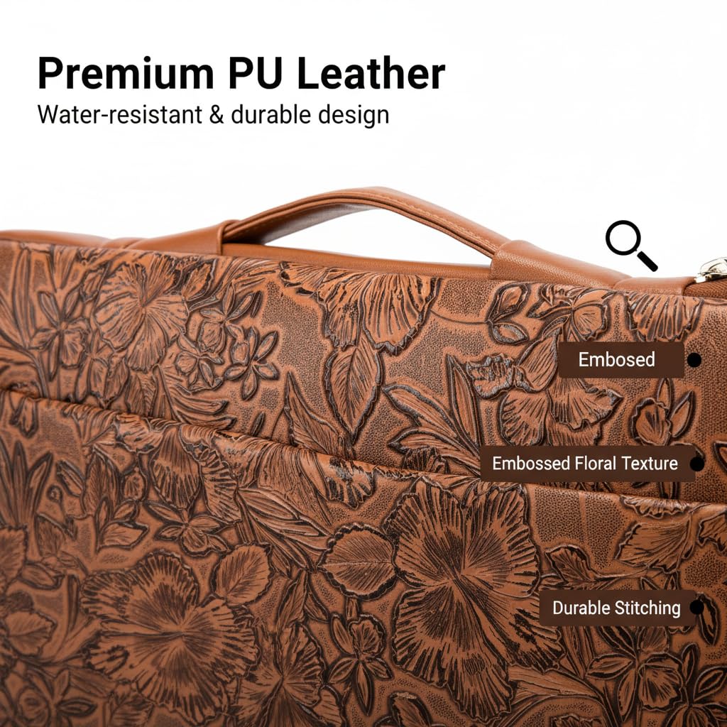 Kinmac Embossed PU Leather 360° Heavy Duty Protective Laptop Sleeve with Poacket (Coffee Flower, 15 inch-15.6 inch)