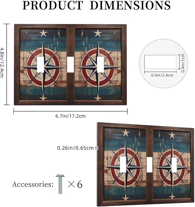 Decorative Art Light Switch Covers Nautical Rustic Star Emblem 3 Gang Triple Toggle Wall Plate Decorative Switch plate Electrical Faceplate for Home Decor