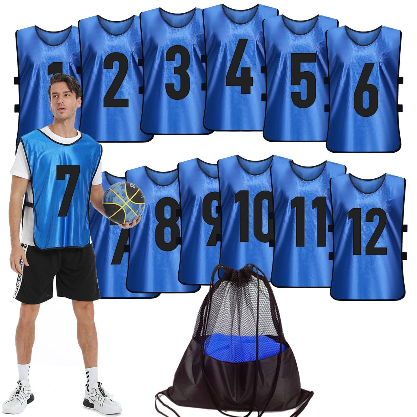 PULUOMASI 12 Pcs Team Sports Pinnies for Youth,Numbered Practice Jerseys