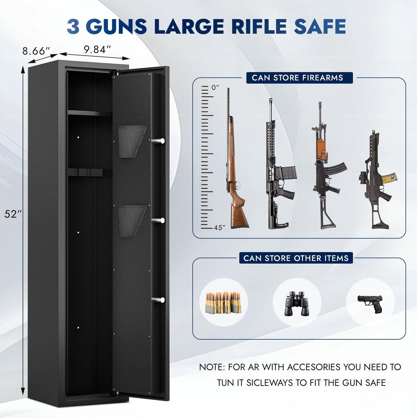 KAER 2-3 Gun Safe for Rifles and Pistols Gun Safe for Home with Quick Access Removable Shelf Gun Cabinet with Removable Gun Racks Pistol Pockets for Home,Office,Warehouse