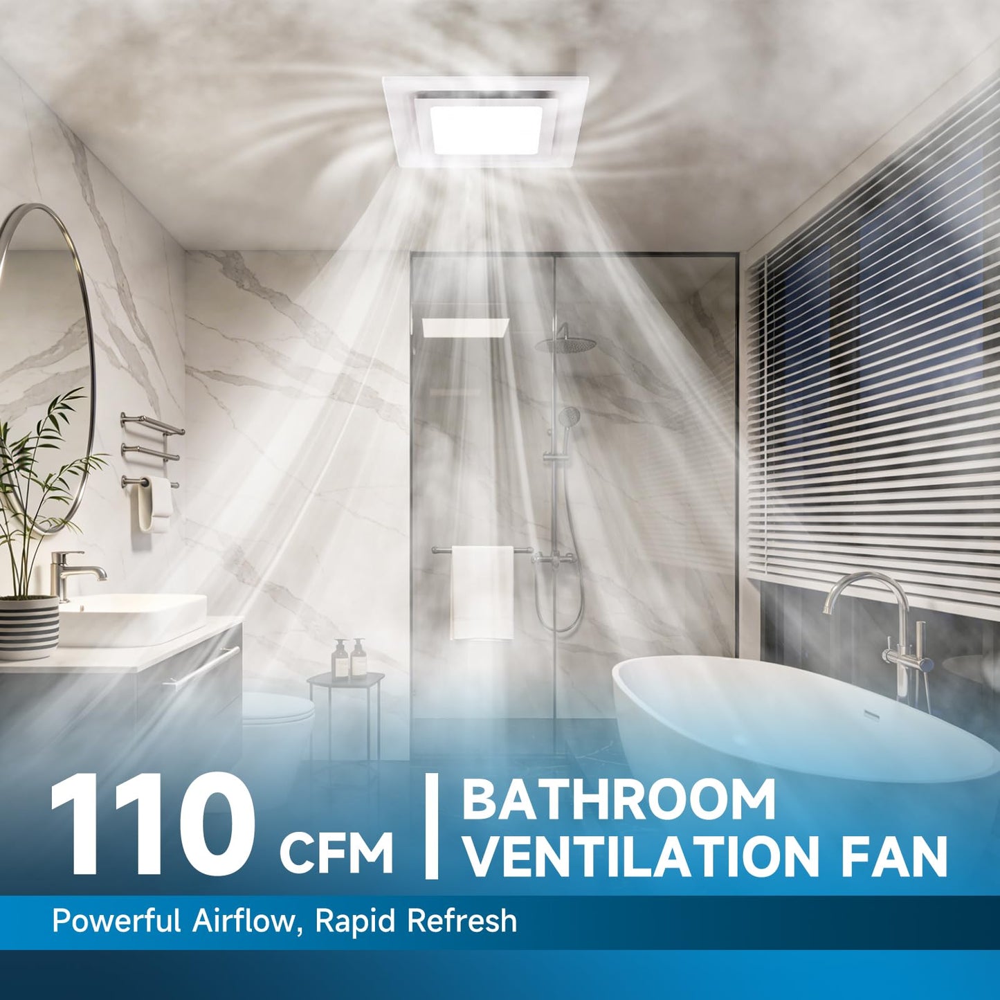 Hon&Guan Bathroom Exhaust Fan with Light 110 CFM, 1.0 Sones Quiet Ceiling Vent Fan, 3CCT LED (3000K/4000K/6000K), 9.8” Panel, 4” Duct, 22W Energy Saving, Easy Install, Ideal for Small Bathrooms