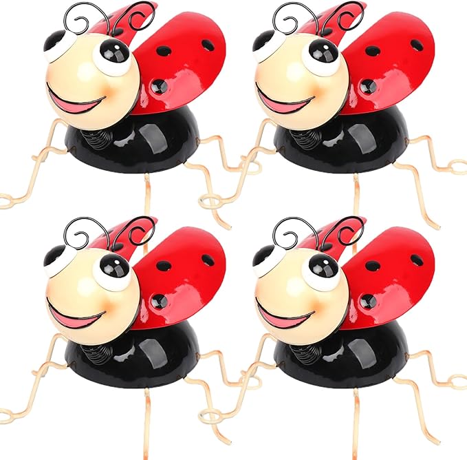 Metal Yard Art Garden Decor for Outside Cute Red Ladybugs Lawn Patio Ornaments Backyard Decorations Garden Gifts for Mom - Set of 4