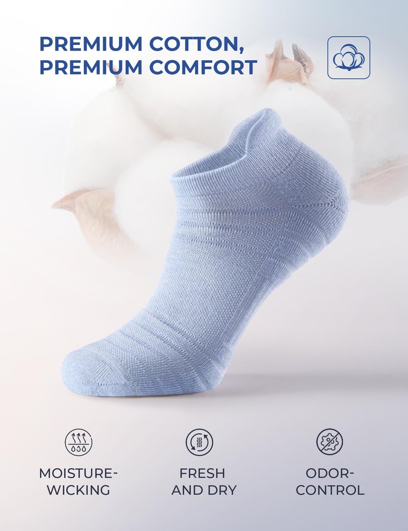 CS CELERSPORT 6 Pack Athletic Running Ankle Socks, Low Cut Cushioned Tab Sports Socks Men Women,Blue, Large
