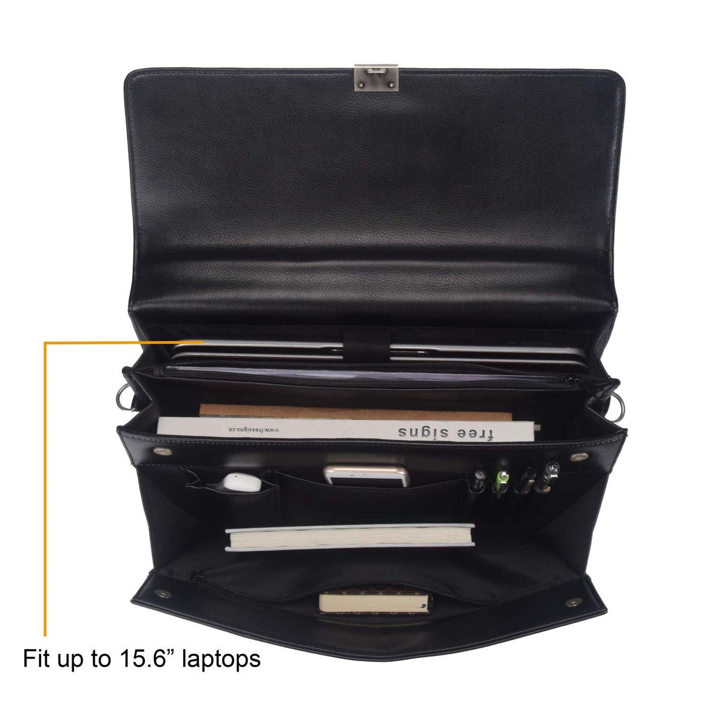 Mens Leather Briefcases Office Attorney Attache Case Ideal Gift Messenger Bag w/Padded Compartment for 15.6" Laptop, Black