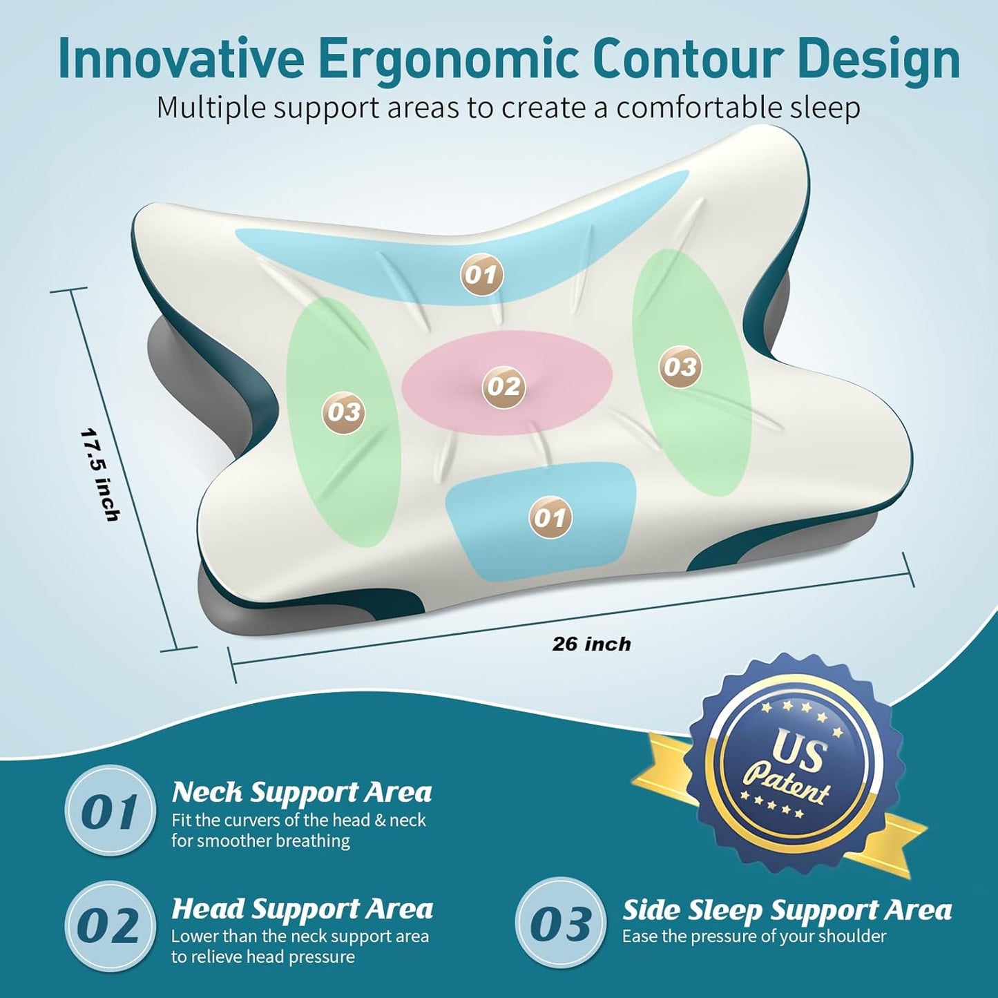 Cervical Pillow for Neck Pain Relief - Ergonomic Neck Pillow for Sleeping Contour Memory Foam Pillows with Cooling Pillowcase, Orthopedic Bed Pillow for Side Back Stomach Sleepers