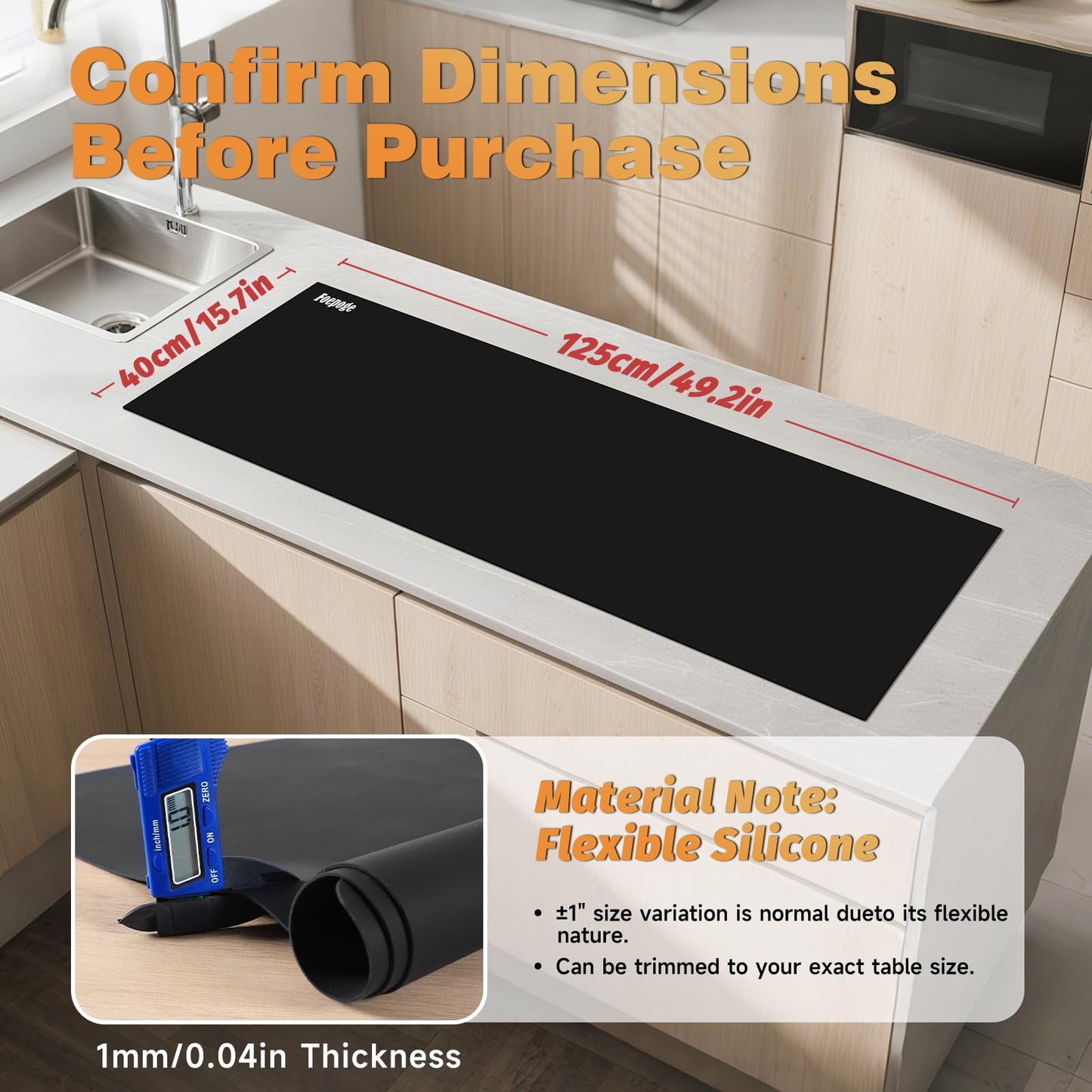 49.2" x 15.7" Large Silicone Mat for Kitchen Counter Protector, Cuttable Silicon Countertop Protector Mat Heat Resistant Mats for Countertop, Cut to Fit Placemat Ship Roll by Foepoge, Black