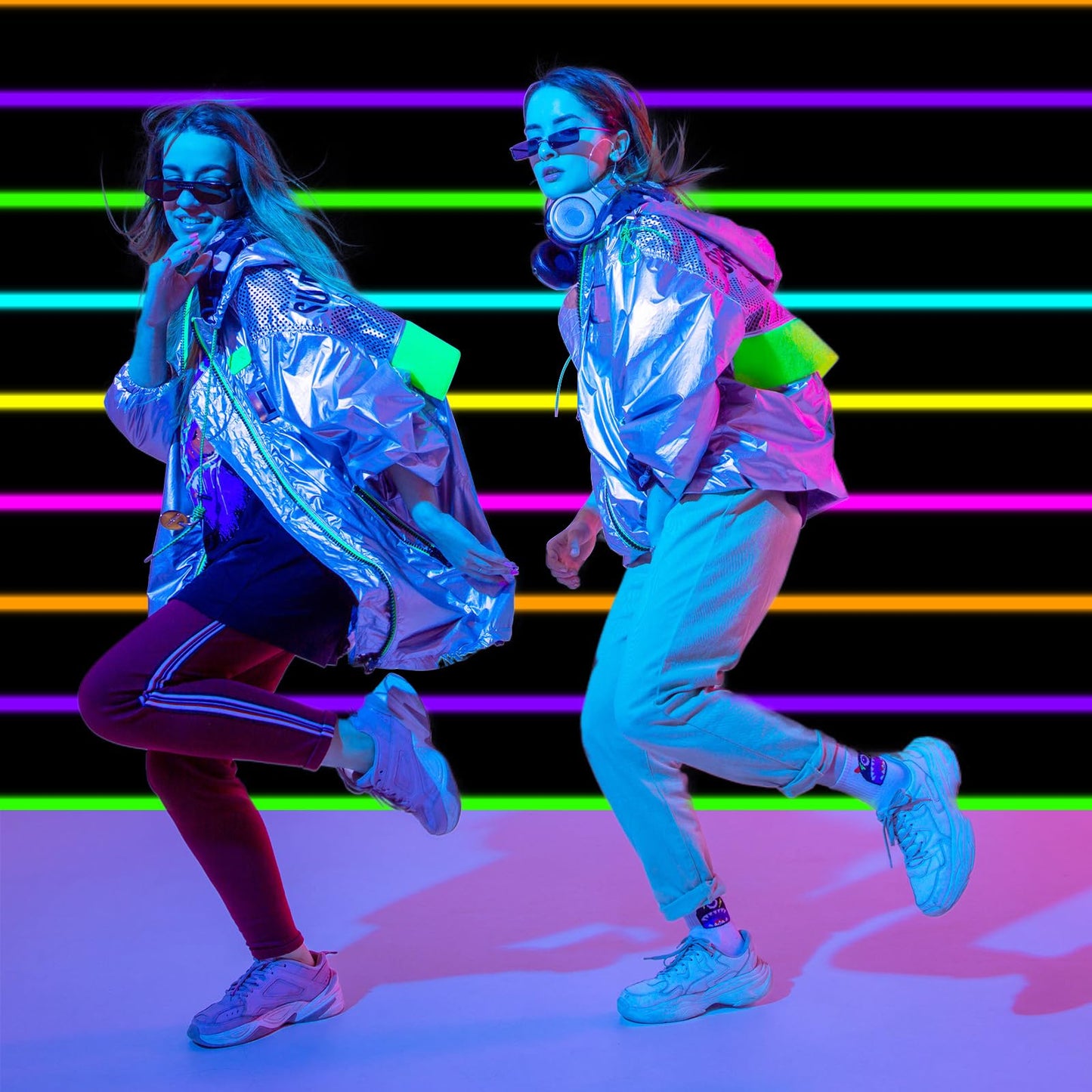 Irenare 394 x 54 Inch Neon Light up Floor Runner Glow in The Dark Aisle and Disco Backdrop UV Reactive Fluorescent Racetrack Runner for 70s 80s 90s Dance Wedding Birthday Neon Party Decoration