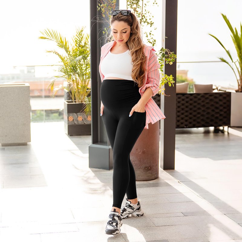 Leafigure Womens Maternity Leggings with Pockets, Pregnancy Buttery Soft Yoga Workout Pants Black Large