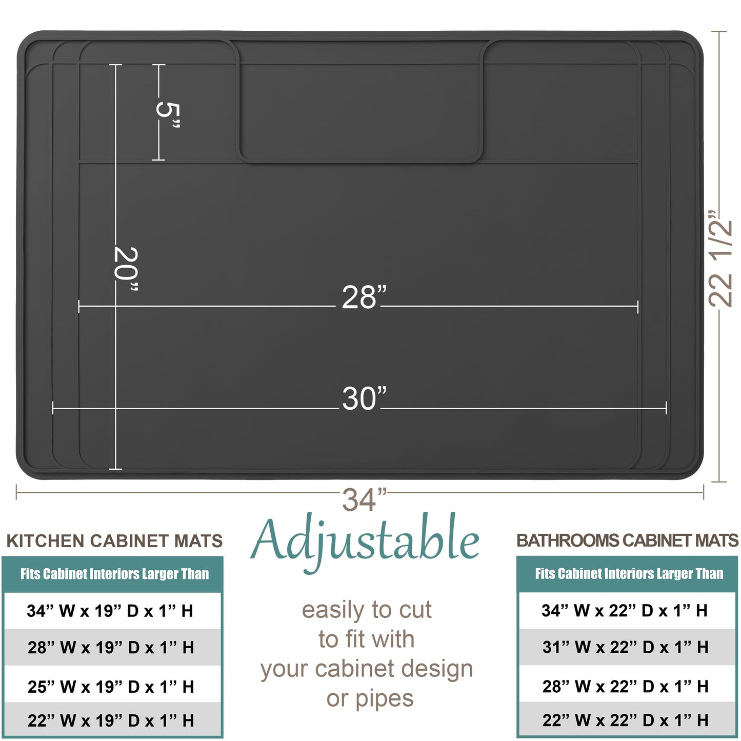 The Original Under Sink Mat - Silicone Waterproof mat, Trimmable, Easy to Clean, Kitchen cabinet liner, Under sink protector mats, Drip Tray with Lip - 34" x 22" or smaller
