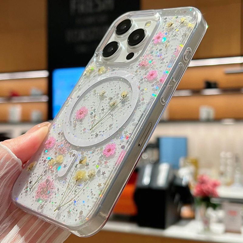ASONCE Cute Real Flowers for iPhone 16 Pro Max Case [Compatible with MagSafe] Glitter Magnetic Cover with Pressed Dried Floral Women Girly Phone Case for iPhone 16 Pro Max 6.9" - Clear Sparkly