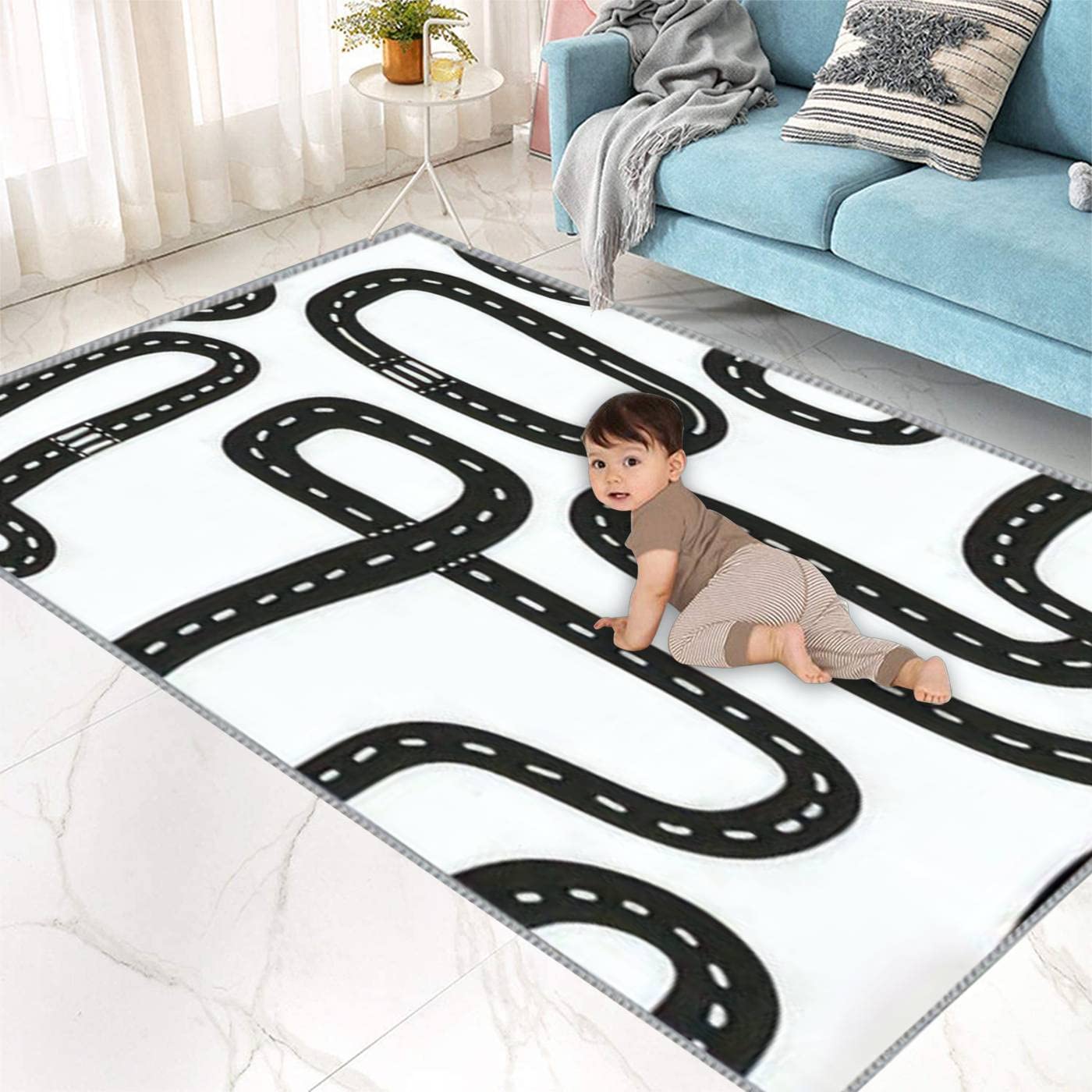 ZCVJPZHZMS Play Area Rugs Black and White Seamless in Roads from Above 3D Carpet Extra Large Rug ' Bedroom Playroom Nursery Décor Boys Girls, Learning & Playing 5x8 ft, Multi9, 5 feet X 8 feet