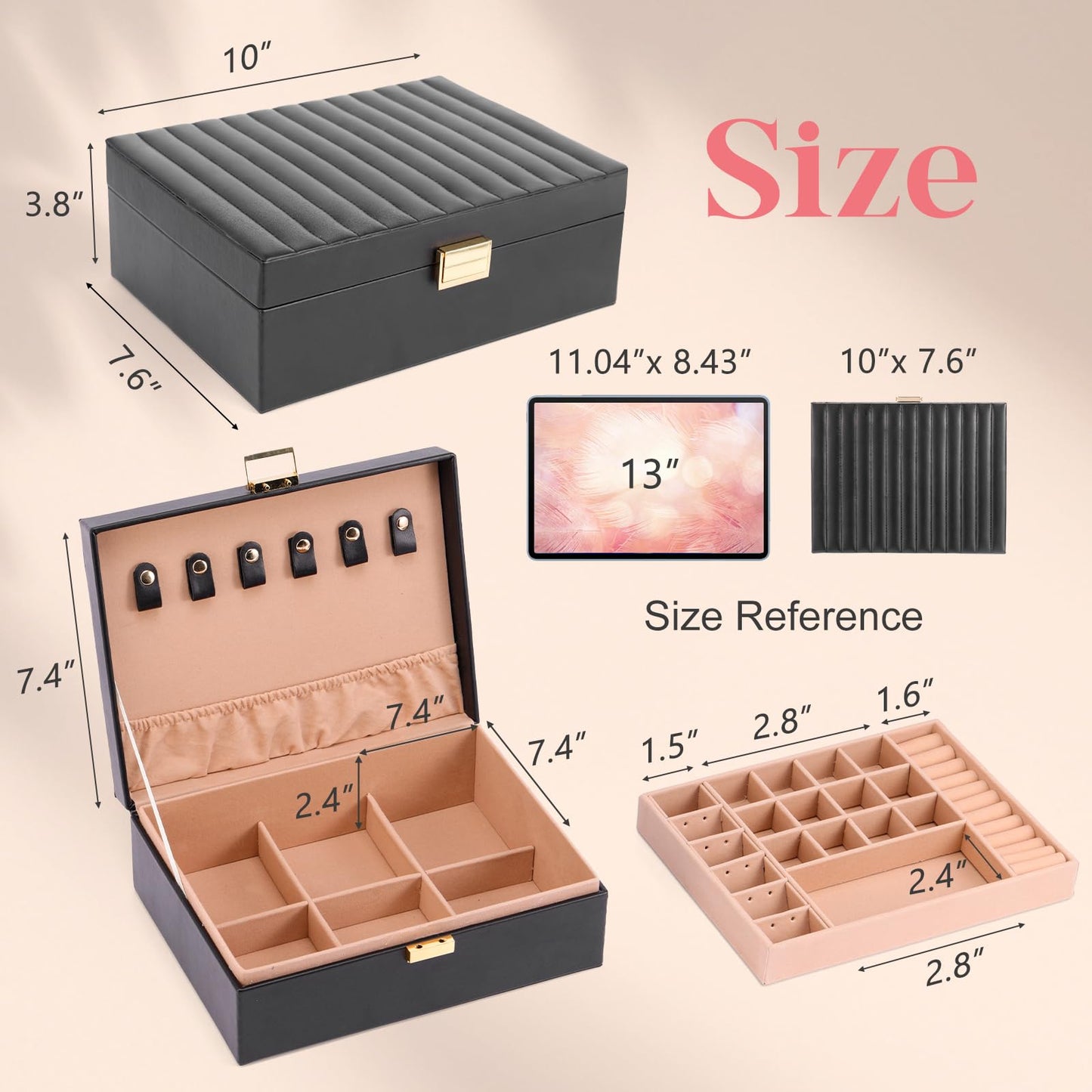 Gifturbo Jewelry Boxes for Women, Black 2-Layer Jewelry Organizer Box with Removable Tray, PU Leather Jewelry Storage Girls, Modern Style for Rings Earrings Necklace Bracelets, Gift Idea