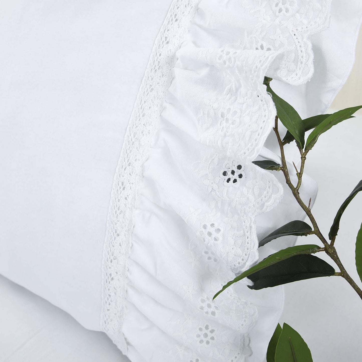 Eyelet Pillow Shams Lace Ruffled Standard White Shabby Chic Farmhouse Pillowcases Set of 2 Pretty Elegant Cotton Country French Cottage Embroidered Floral Victorian Crochet Trim 20x26