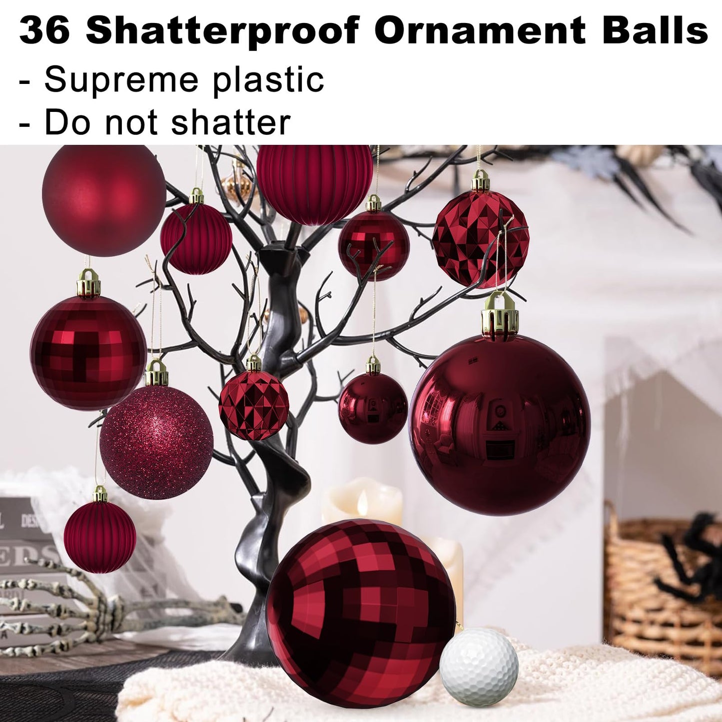 Maroon Christmas Ornaments - Christmas Tree Decorations Shatterproof Hanging Balls for Birthday Wedding Holiday Decor Set of 36pcs, Multi-Sizes(1.6",2.5",3.2")