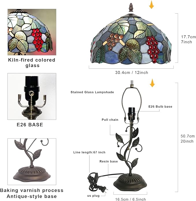 Tiffany Style Table Lamp Handmade Stained Glass Bedside Lamp 12x12x20 inch Metal Leaf Base,Art Glass Lamp for Living Room, Bedroom, Office Decor(Grape)
