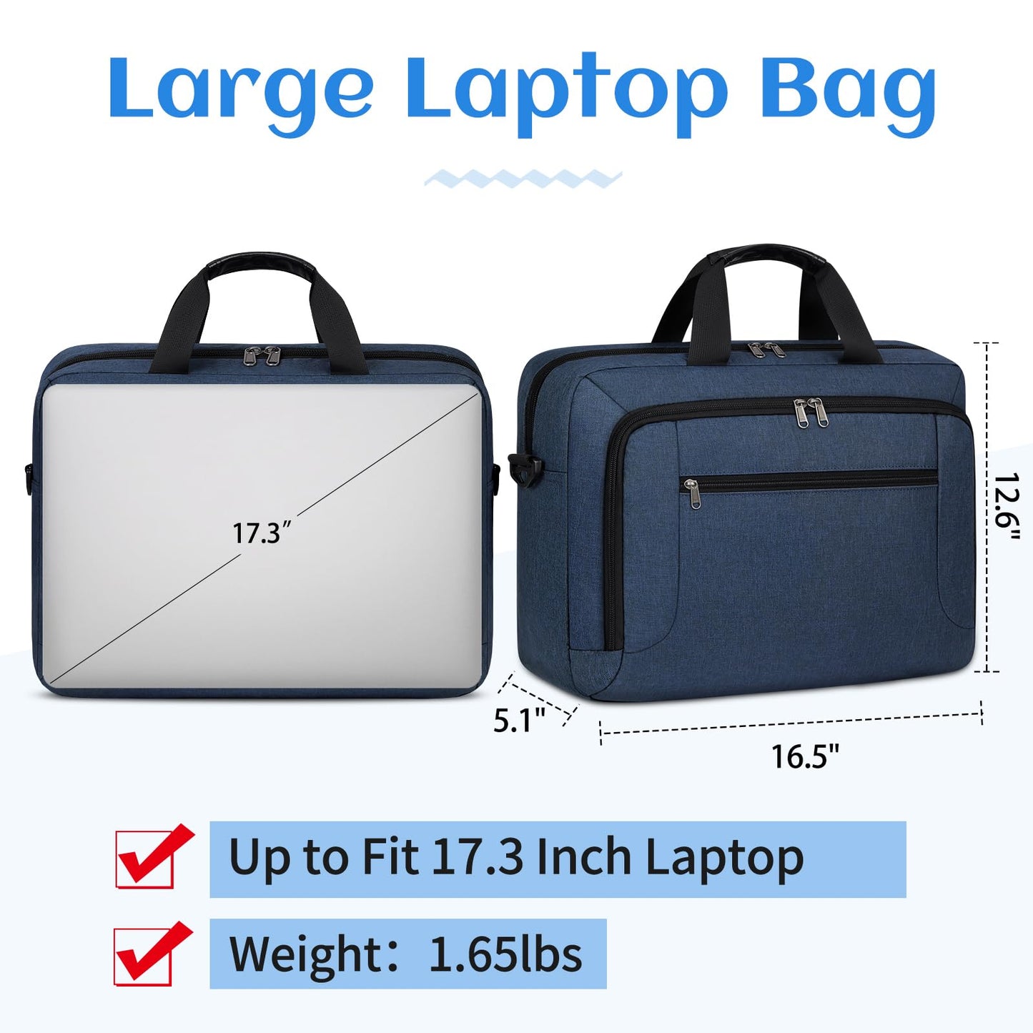 Laptop Bag 17.3 Inch Laptop Briefcase Large Waterproof Laptop Case for Men Women Business Office Work Computer Bag 17 Inch Adjustable Shoulder Messenger Bag, Blue
