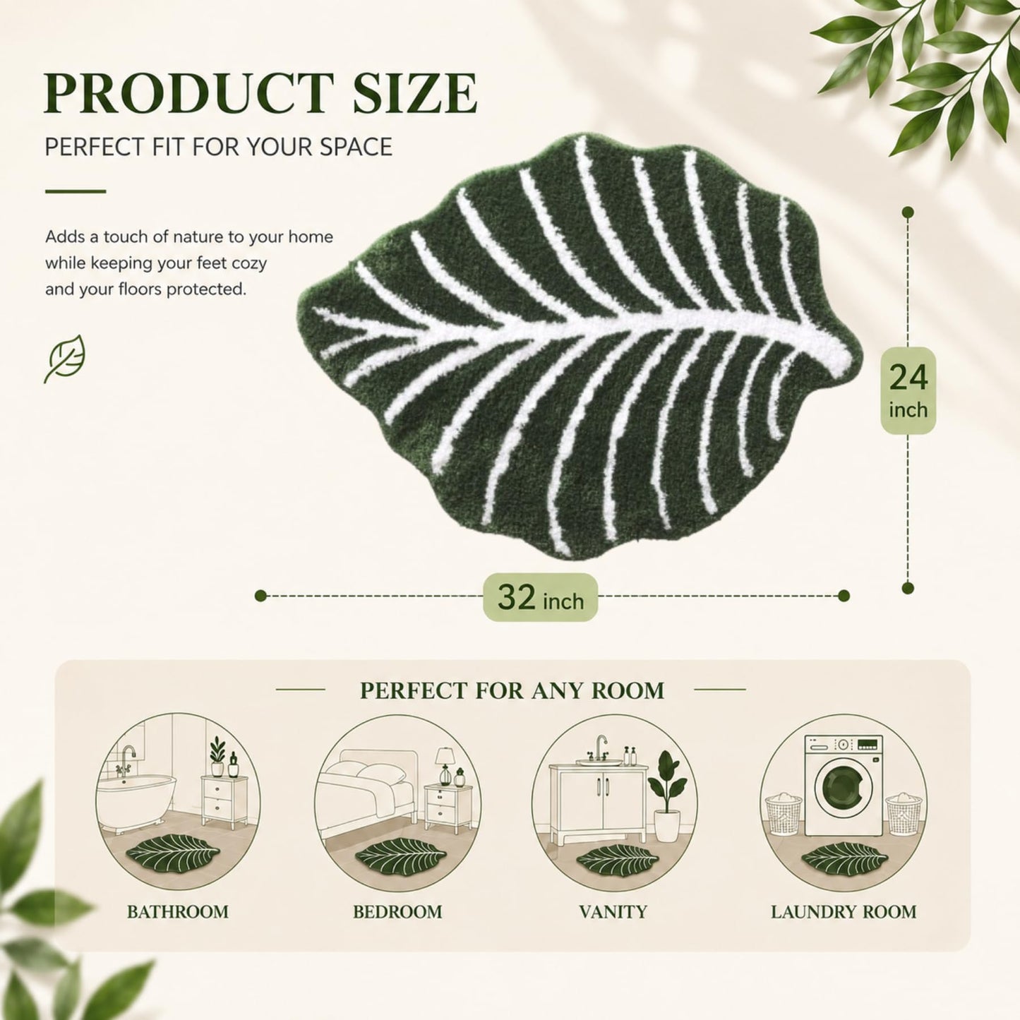 WENBOER Tropical Monstera Leaf Bath Rug, Soft Plush Botanical Bathroom Mat with Non Slip Backing, Absorbent Green Bathroom Decor for Cozy Home Styling, 24x32 Inch