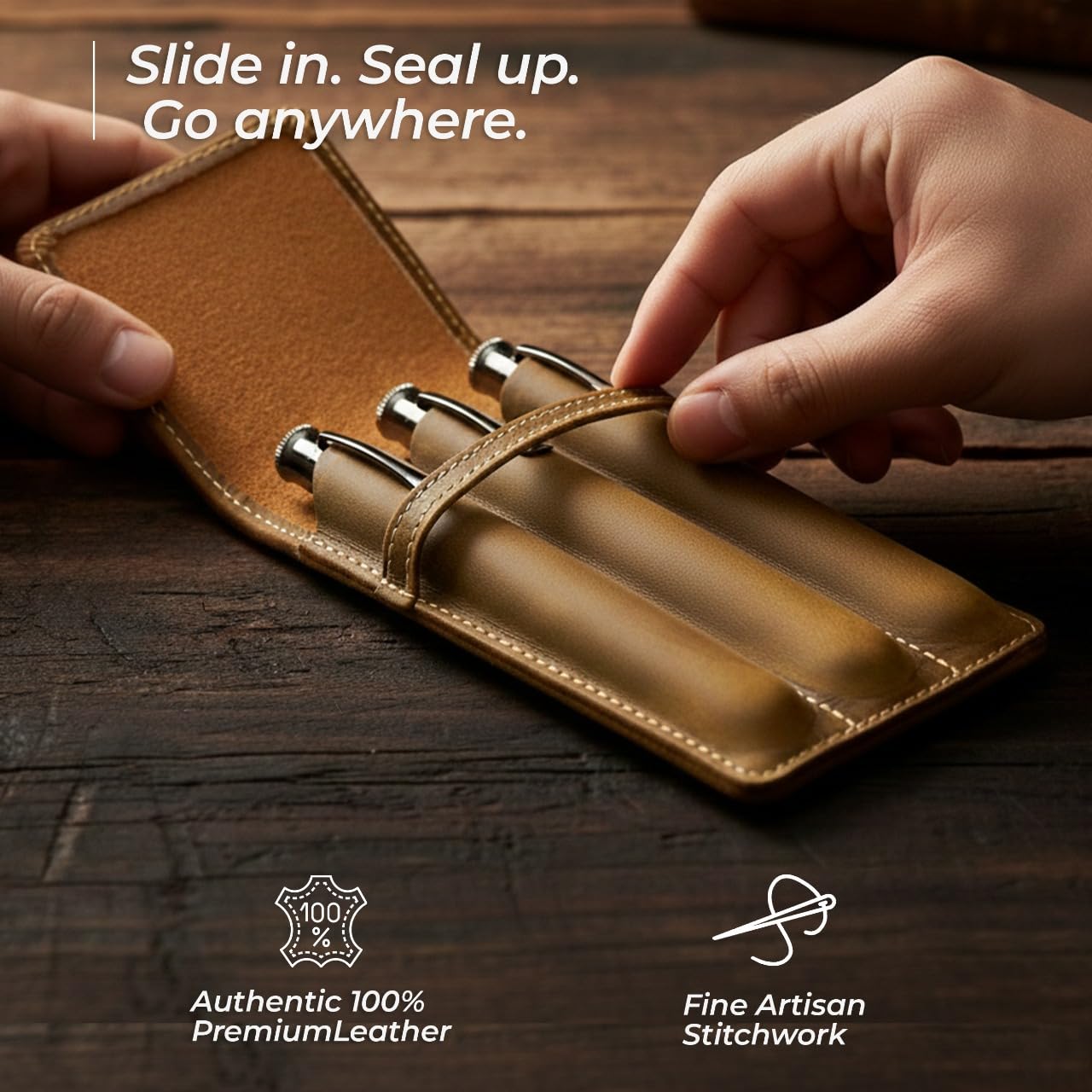 WANDERINGS Vintage Leather 3-Slot Pen Pouch – Handcrafted Brown Pen Case – Individual Leather Pen Sleeves for Fountain Pens, Rollers & Ballpoints – Pen Holder for Men and Women – 3.4" x 6" x 0.8"