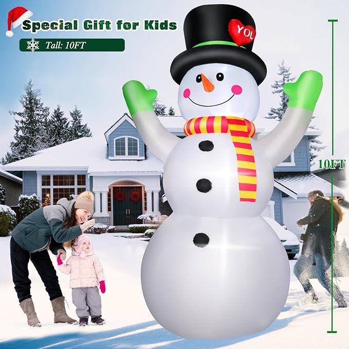 10 FT Christmas Inflatables Snowman Wear Magic Hat, Blow Up Outdoor Decorations Built-in Bright LED Light, Giant Snow Man Yard Decor for Festive Holiday Garden Patio Lawn Mall Display Hall Xmas Party