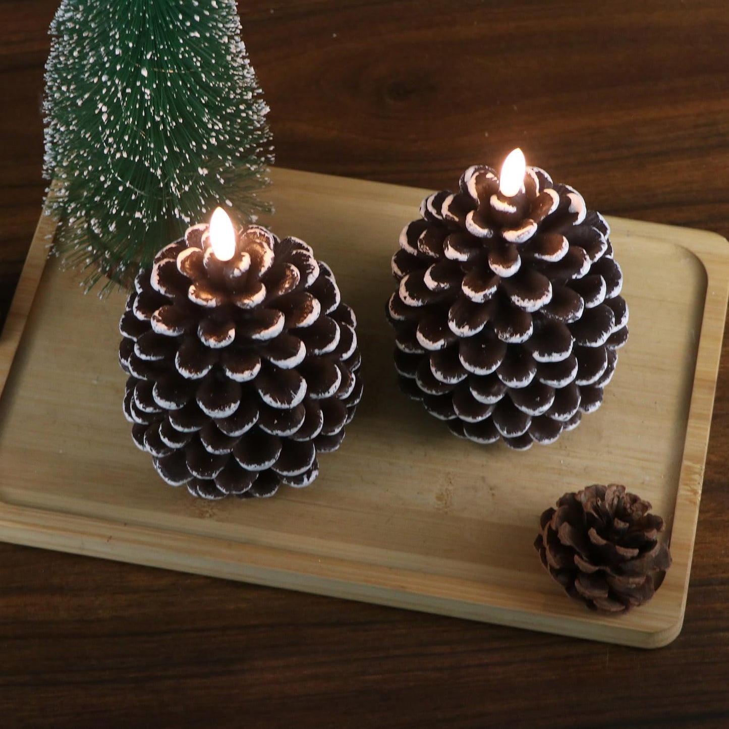 DRomance Flameless Pinecone Candles Battery Operated with 6 Hour Timer Set of 2 Real Brown Wax 3D Wick LED Flickering Pillar Candles Christmas Holiday Decor(White, 3.5 x 6 Inch)