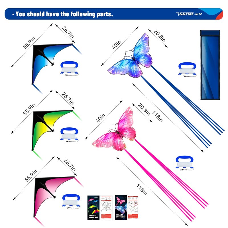 SGftre 3 Piece Set Butterfly Delta Octopus Kites for Kids and Adults，Easy to Fly for Outdoor Adults Children Line Kite for Kids Toy (3 Gradient Grassland+2 Butterfly, 5)