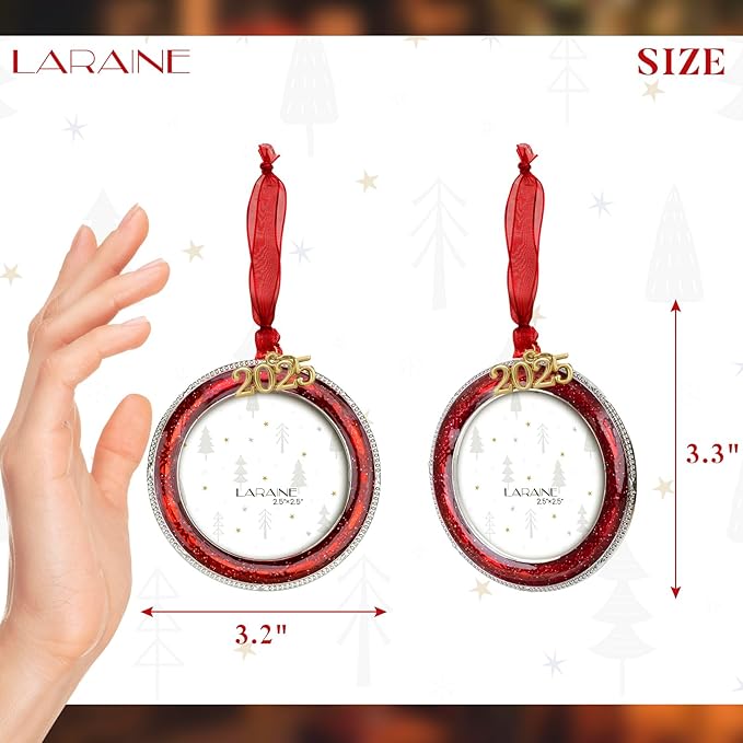 Laraine Christmas Tree Ornaments – Decorative Hanging 2025 Holiday Keepsake Gift Round Pendant with 2.5” Photo Frame Insert for Picture of Pet (Round Red (2025))